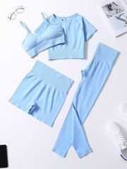 4Pcs Yoga Set High Stretch Crew Neck Crop Bra Tee Short Pants Sports Suit