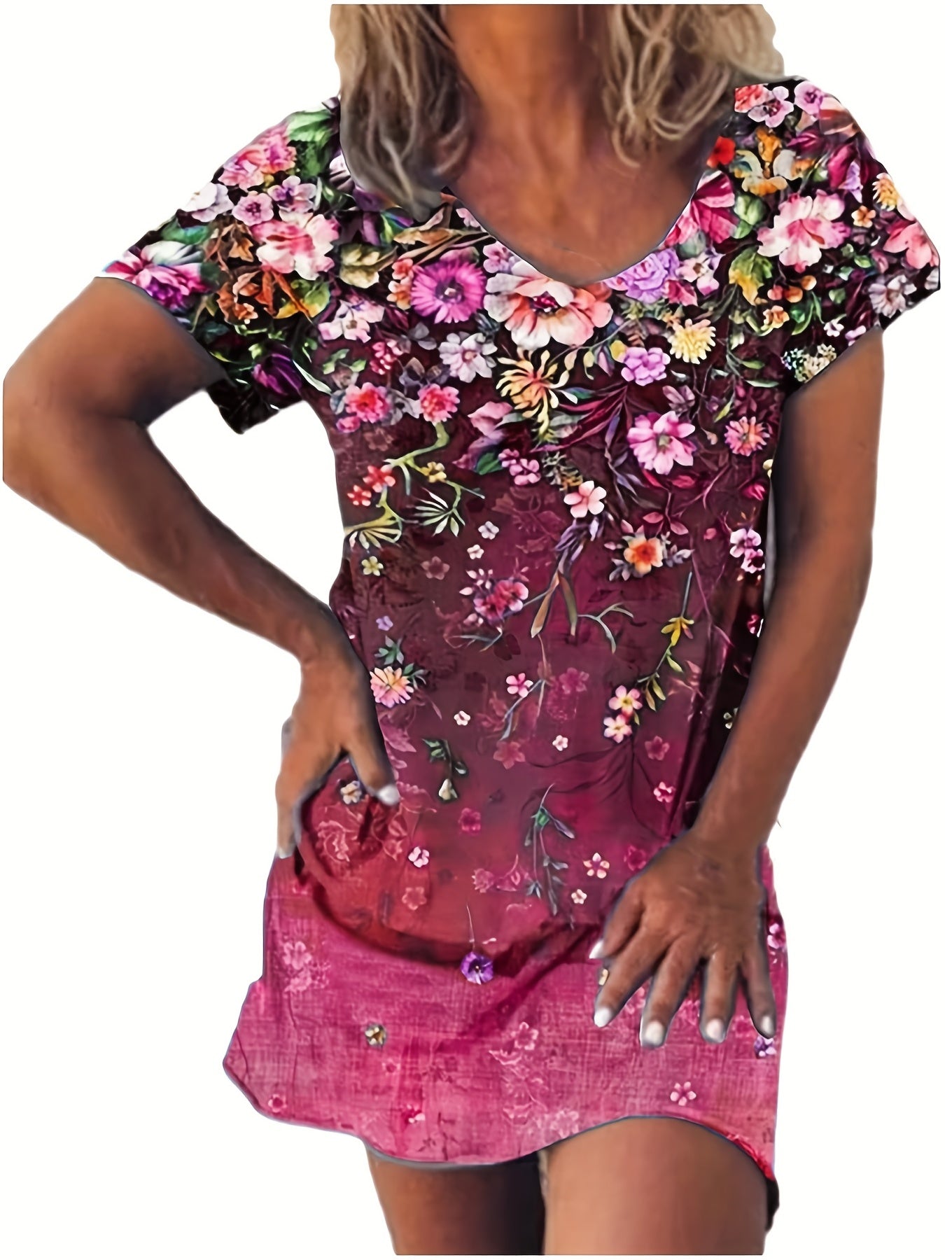 Floral Print V Neck Dress Short Sleeve Casual Dress