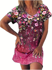 Floral Print V Neck Dress Short Sleeve Casual Dress