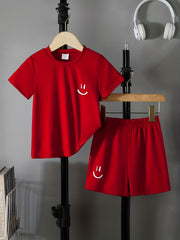 Boys Happy Face Casual Outfit T shirt & Shorts Kids Summer Clothes Sets