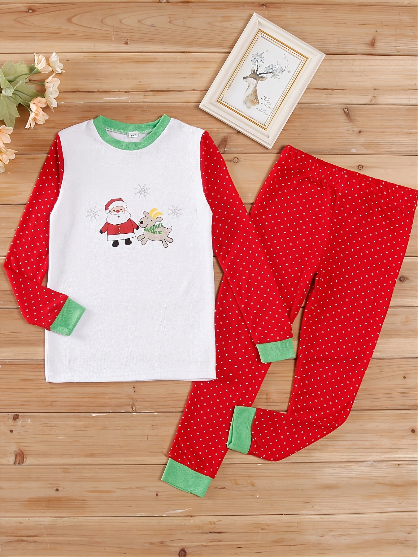Girls Christmas Print Pajamas Crew Neck Tops & Pants Winter