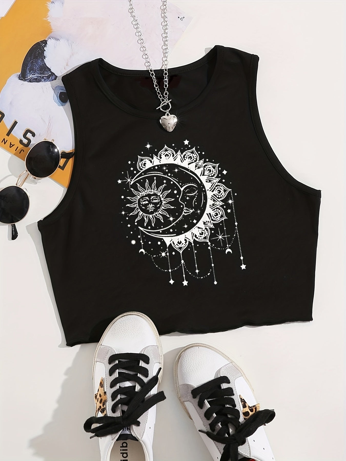 Sun & Moon Print Crop Tank Top Sleeveless Summer Casual Top