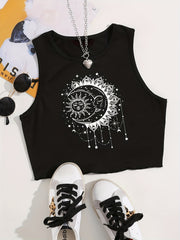Sun & Moon Print Crop Tank Top Sleeveless Summer Casual Top