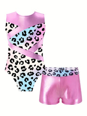 Leopard Print Gymnastics Outfit Set Sleeveless Romper Top Shorts
