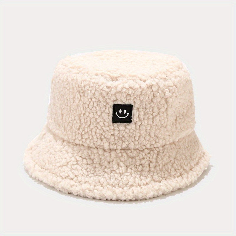 Unisex Sunshade Fleece Bucket Hat with Smile Face Patch - Double Sided Sun Hat