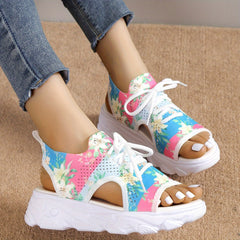 Women's Tie Dye Knit Sports Sandals Lace Up Peep Toe Slingback Shoes