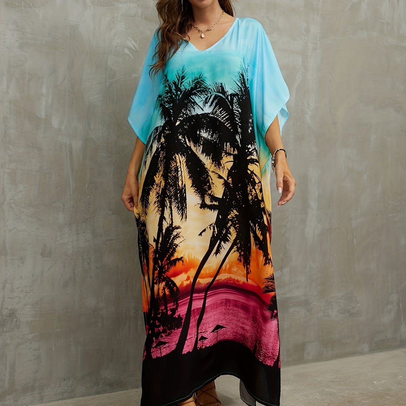 Beach Print Cover Up Dress V Neck Bat Sleeve