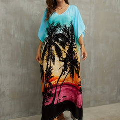 Beach Print Cover Up Dress V Neck Bat Sleeve