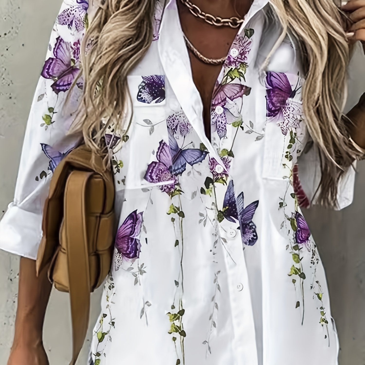 Women's Plus Floral & Butterfly Print Button Up Long Sleeve Blouse