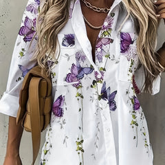 Women's Plus Floral & Butterfly Print Button Up Long Sleeve Blouse