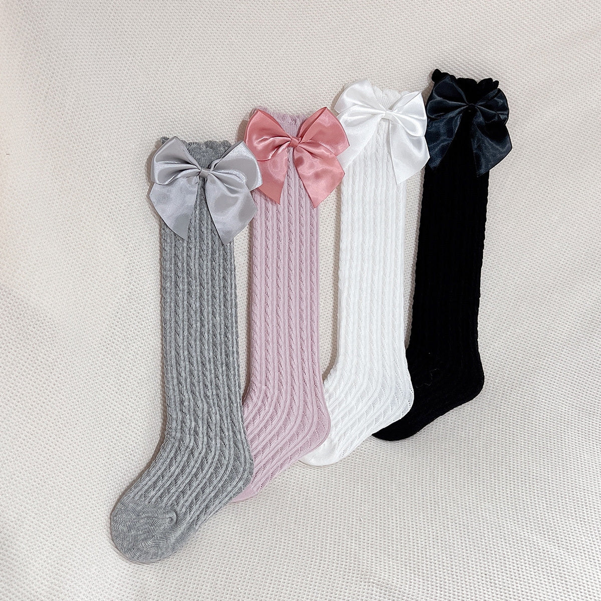 4 Pairs Girls Breathable Mesh Cable Knit Knee High Socks with Satin Bow