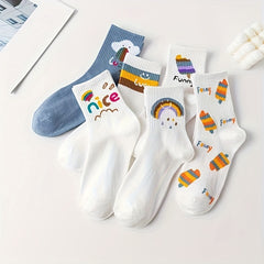 6 Pairs Ice Cream & Rainbow Socks Women's Mid Tube Stockings Hosiery