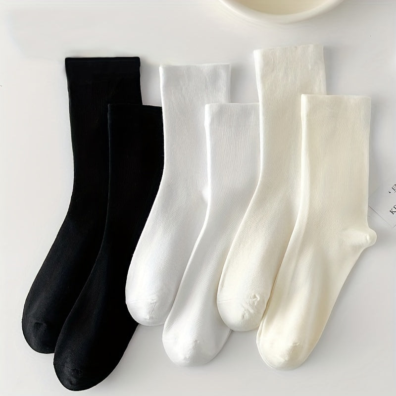 3 Pairs Solid Crew Socks Comfortable & Breathable Mid Tube Women's Stockings