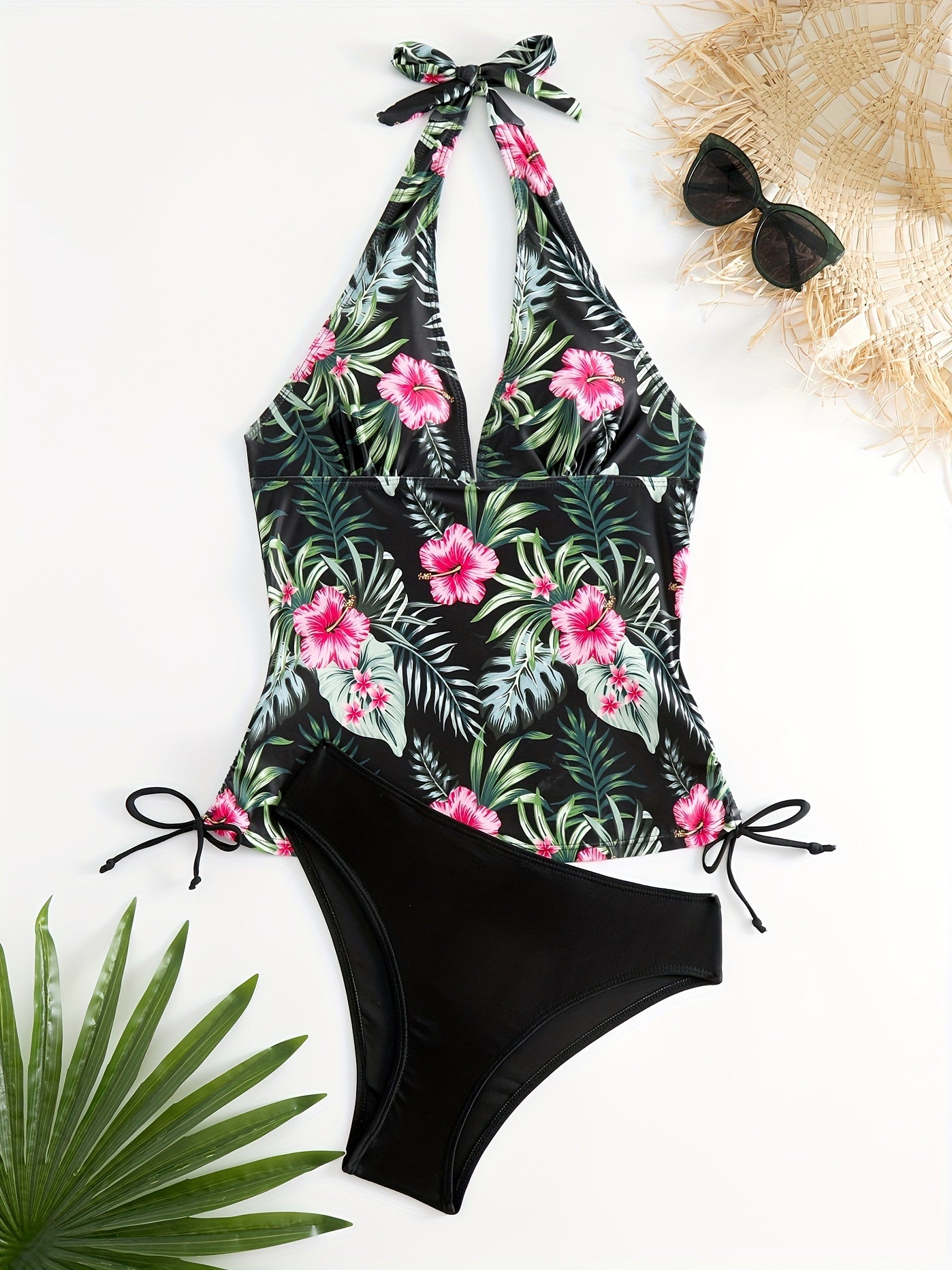 Tropical Print Halter Tankini Set High Cut Swimsuit
