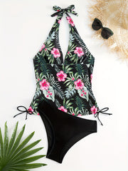 Tropical Print Halter Tankini Set High Cut Swimsuit