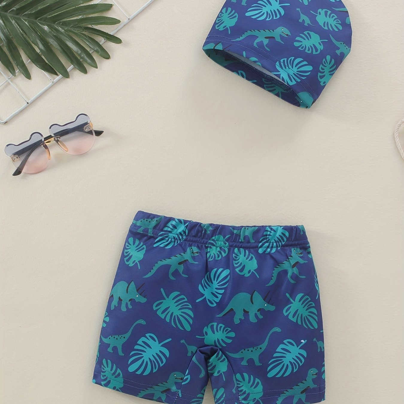 Boys Dino & Leaves Print Swim Trunks & Cap Set for Beach Vacation