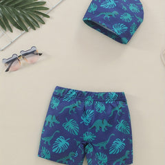 Boys Dino & Leaves Print Swim Trunks & Cap Set for Beach Vacation