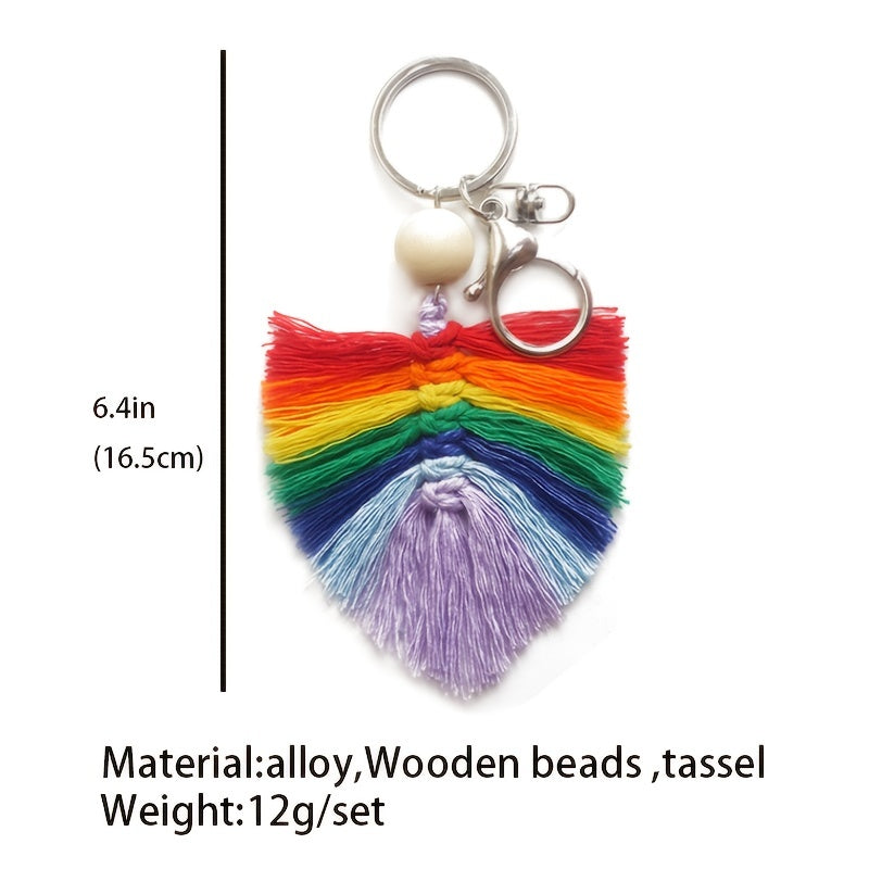 Hand Woven Keychain Wooden Bead Rainbow Tassel Pendant Holiday Gift