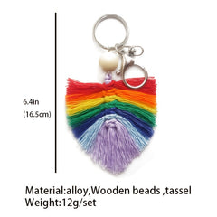 Hand Woven Keychain Wooden Bead Rainbow Tassel Pendant Holiday Gift