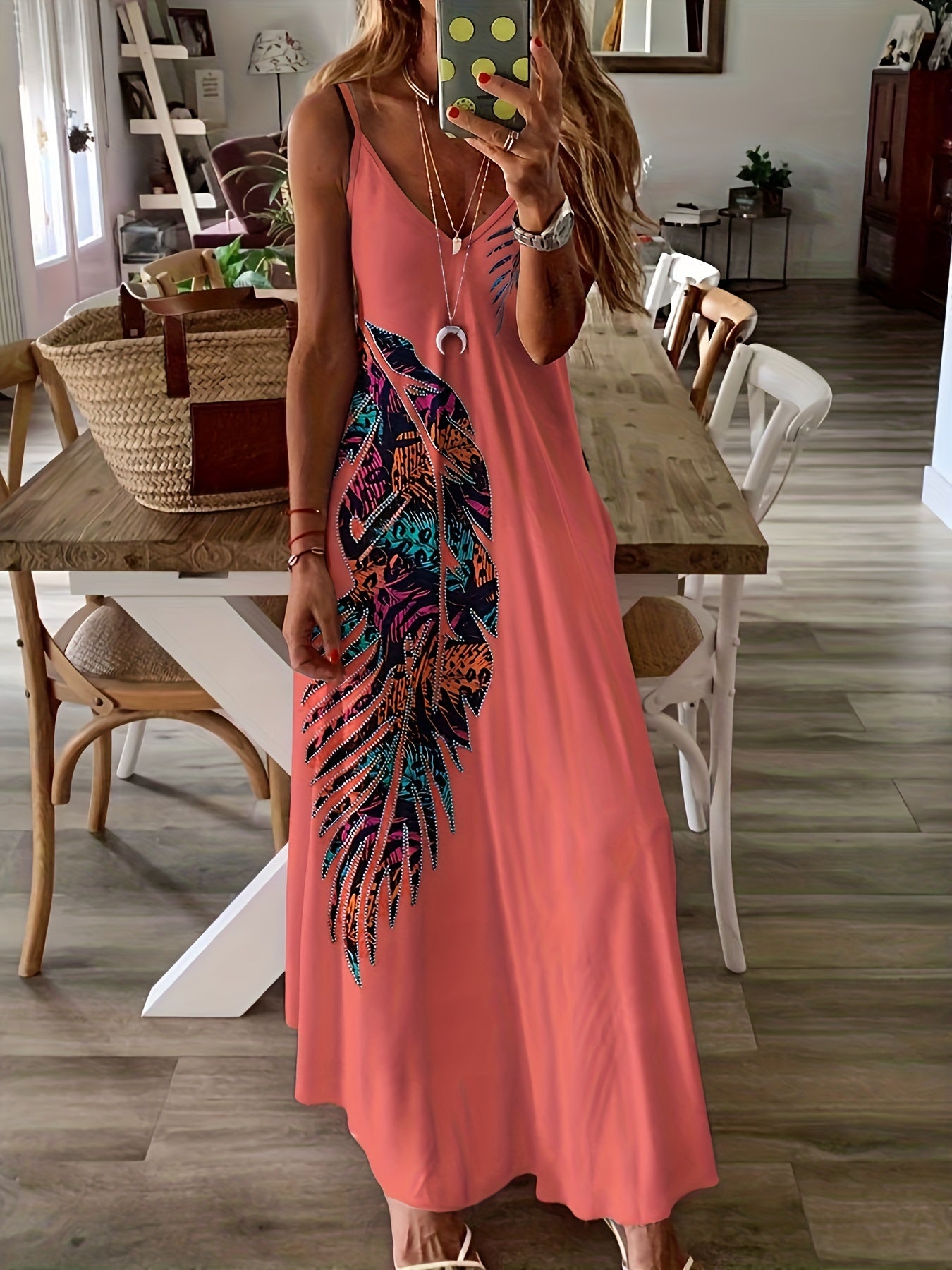 Tribal Print Cami Dress Boho V Neck Sleeveless Maxi Dress