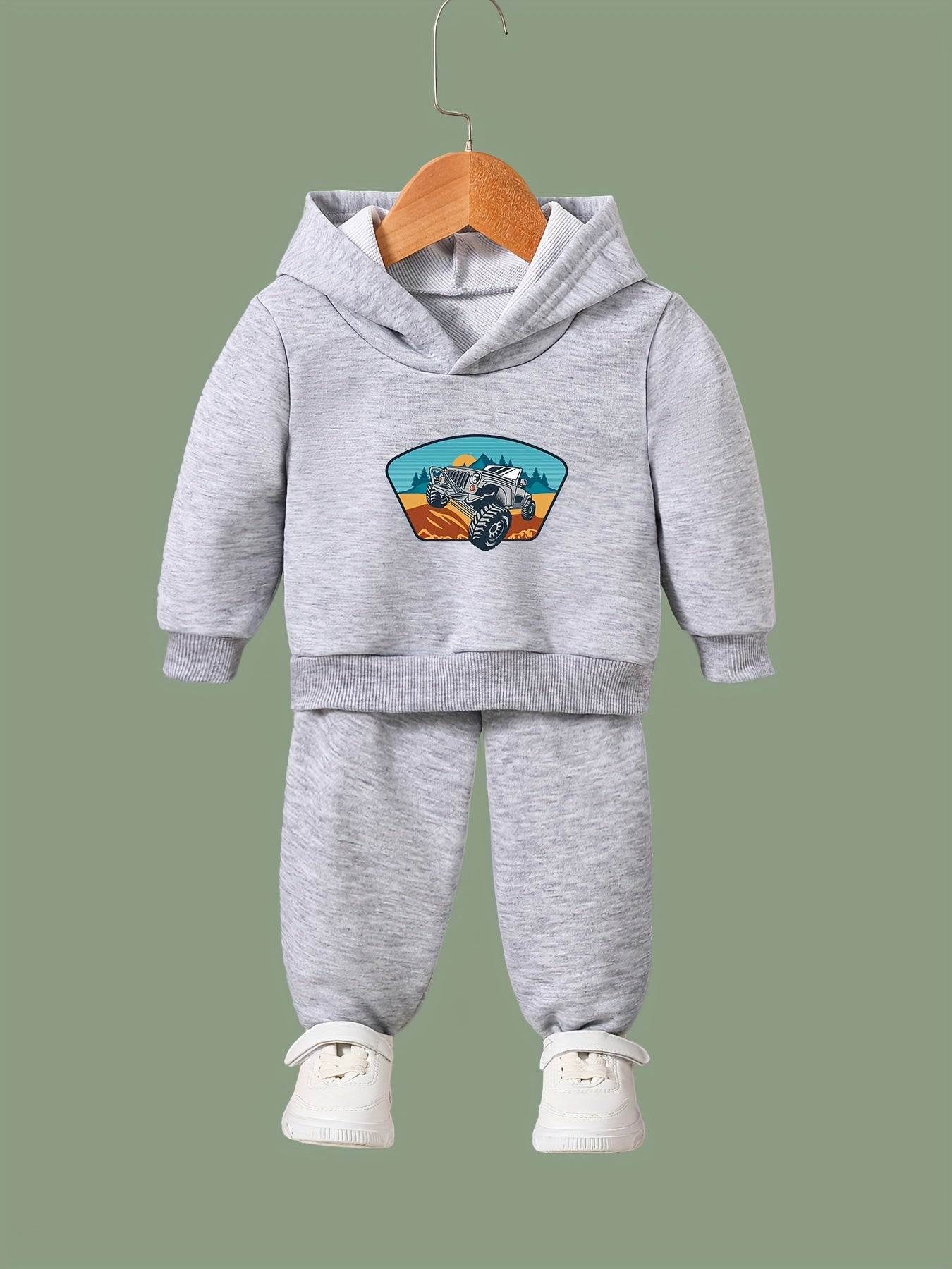 2pcs Truck Print Outfits Girls Hoodies Jogger Pants Set