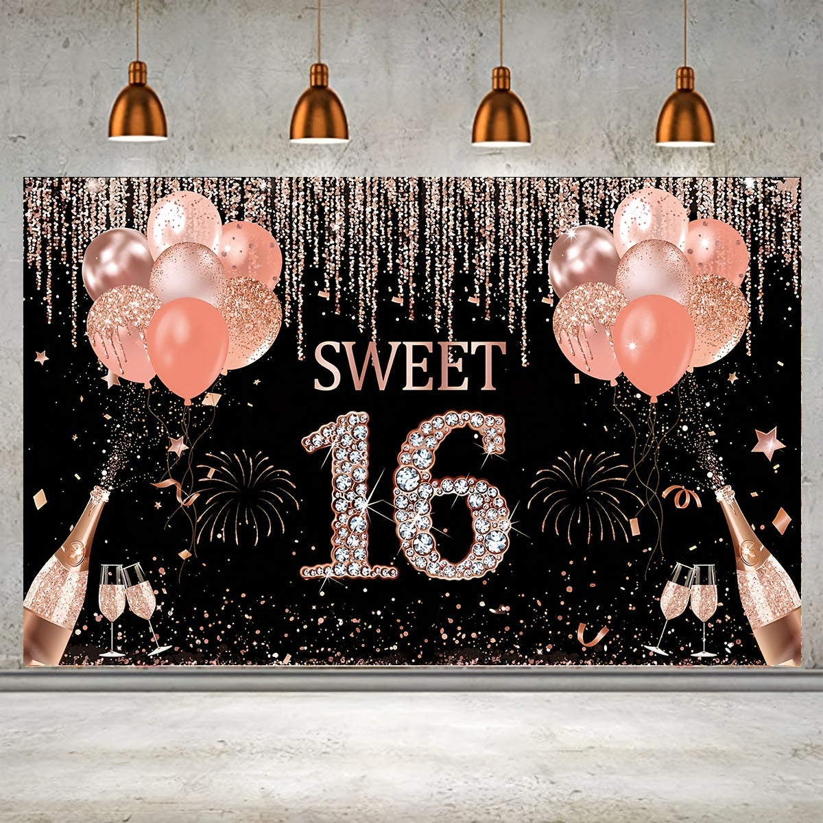 Rose Gold Sweet 16 Backdrop 44in Banner