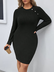 Casual Dress Women's Plus Solid Ribbed Button Decor Long Sleeve Dress