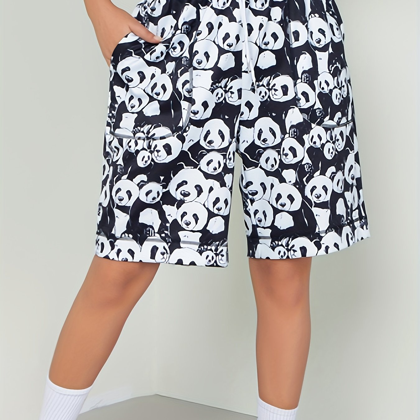 Panda Print Drawstring High Rise Shorts