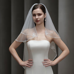 Beaded Floral Veil Soft Nylon Bridal Gown Accessory with Lace Detailing