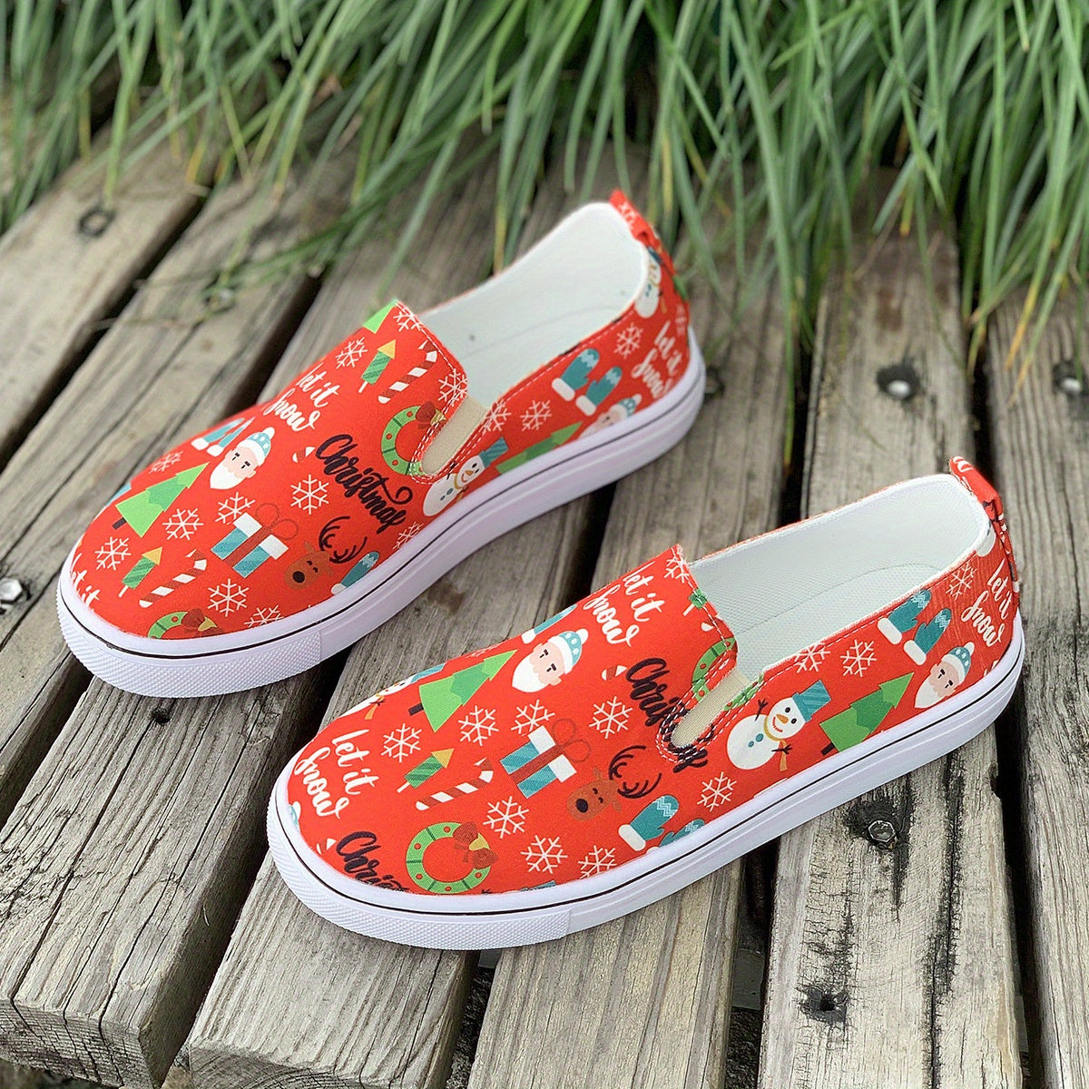 Christmas Style Slip On Canvas Sneakers Lightweight Comfortable Loafers Shoes