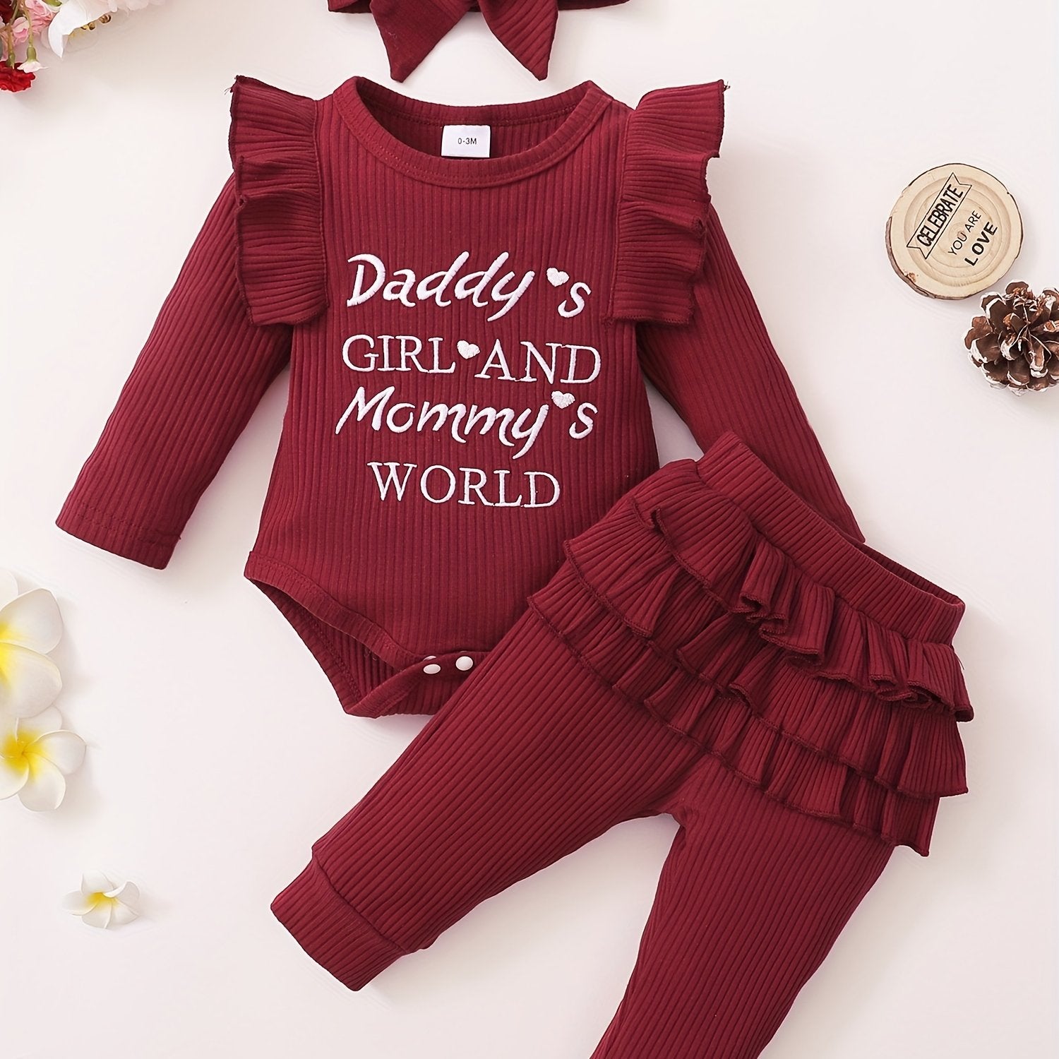 3pcs Baby Girls Letter Print Ruffle Bodysuit Set & Headband