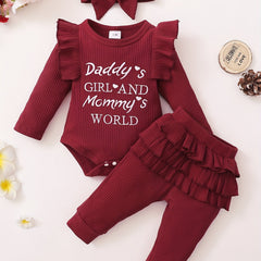3pcs Baby Girls Letter Print Ruffle Bodysuit Set & Headband