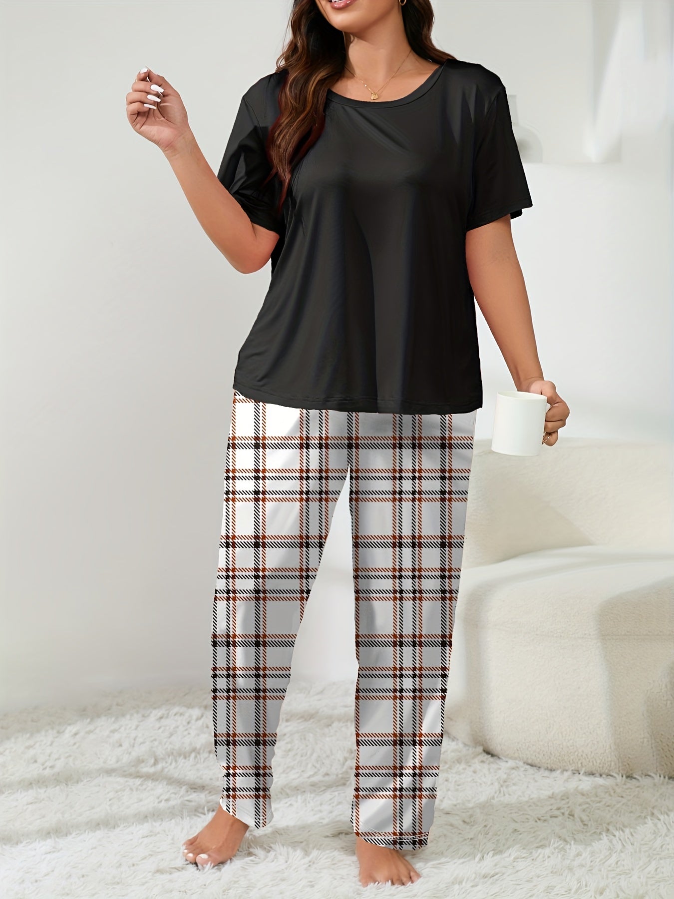 Casual Loungewear Set Solid Tee & Plaid Pants Pajama Set