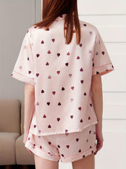 Heart Print Pajamas Set Short Sleeve Buttons Top & Shorts