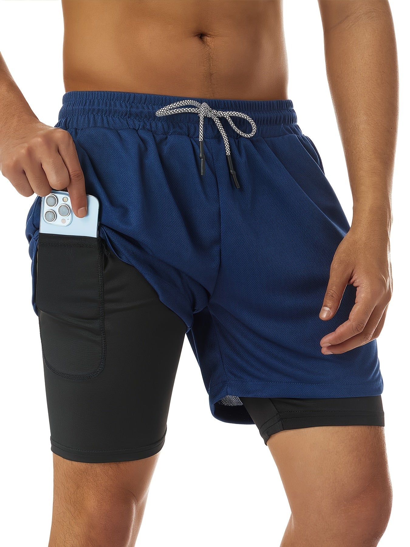 Men's 2-Layer Gym Running Shorts w/ Pockets Quick Dry Active Drawstring