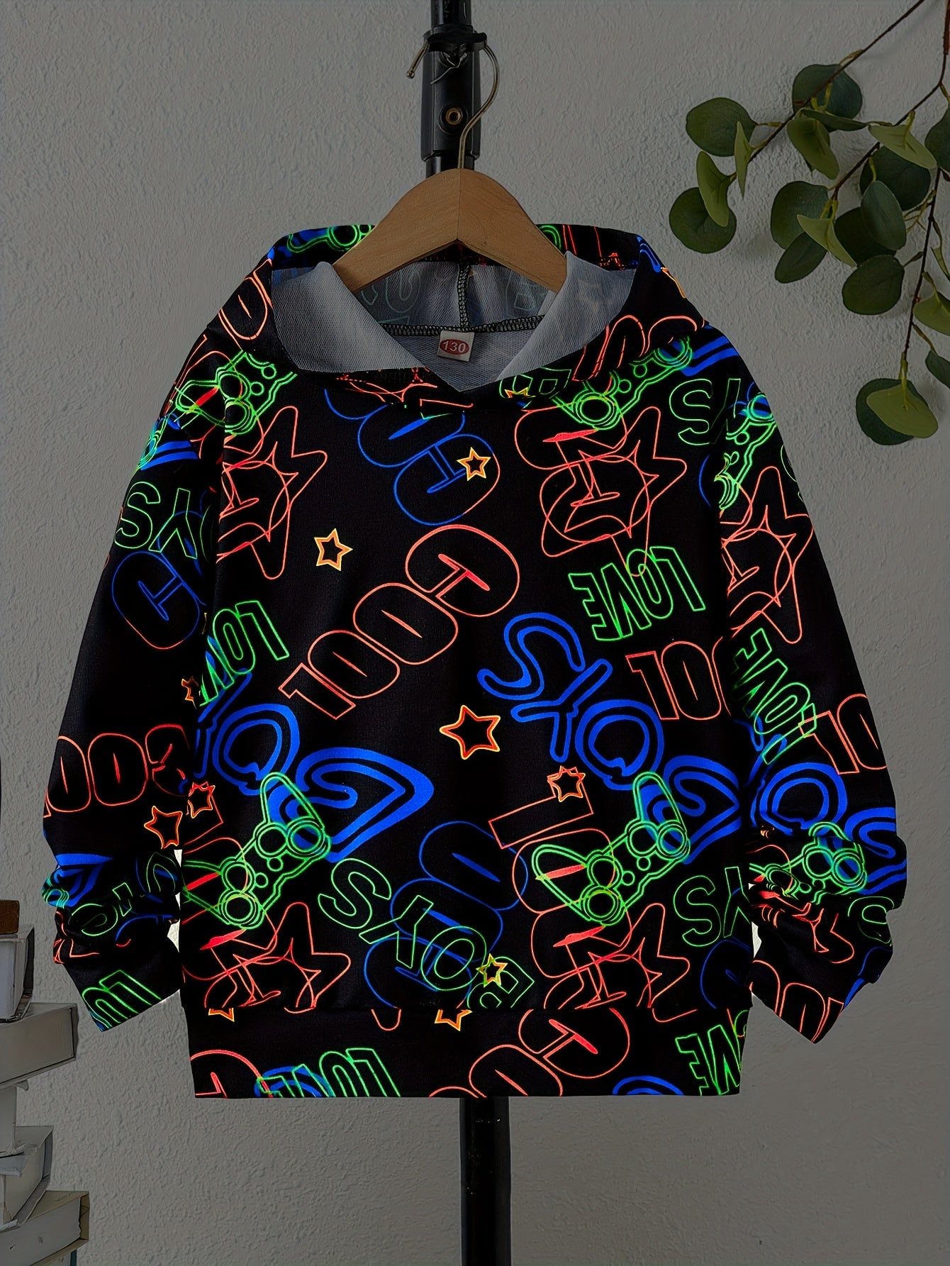 Boys Luminous Letter & Gamepad Print Hooded Sweatshirt