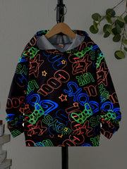 Boys Luminous Letter & Gamepad Print Hooded Sweatshirt