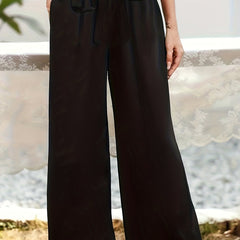Solid Paper Bag Waist Pants Casual Wide Leg Long Length Pants