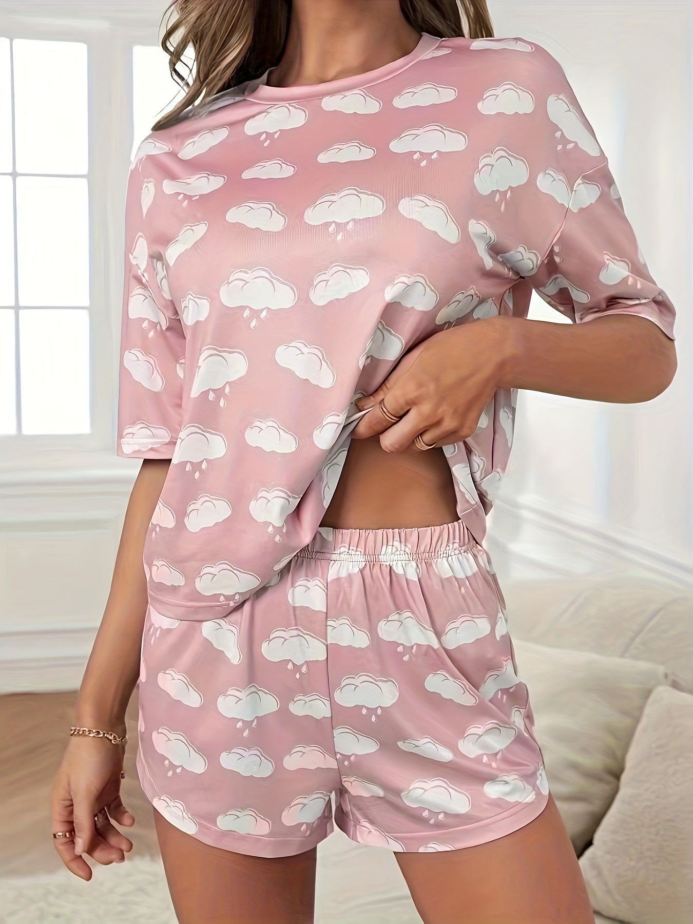 Cloud Print Pajamas Set Short Sleeve Crew Neck Top & Shorts