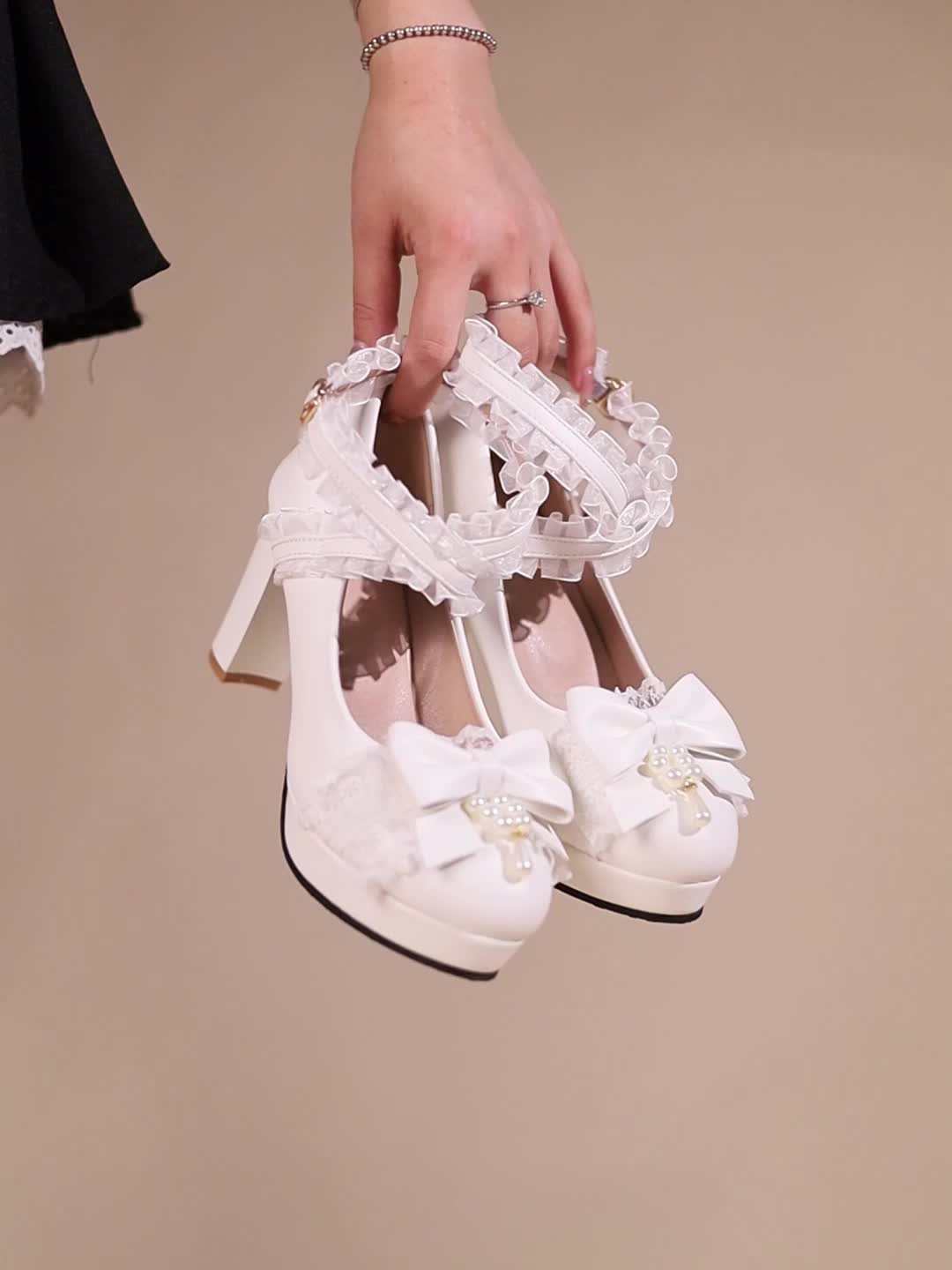 Women's Pearl Bowknot High Heel Mary Jane Lolita Dress Pumps