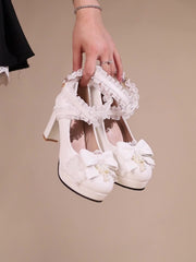 Women's Pearl Bowknot High Heel Mary Jane Lolita Dress Pumps