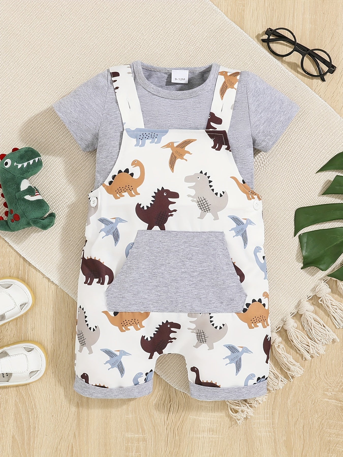 2pc Baby Boys T-shirt & Dino Print Overalls Set