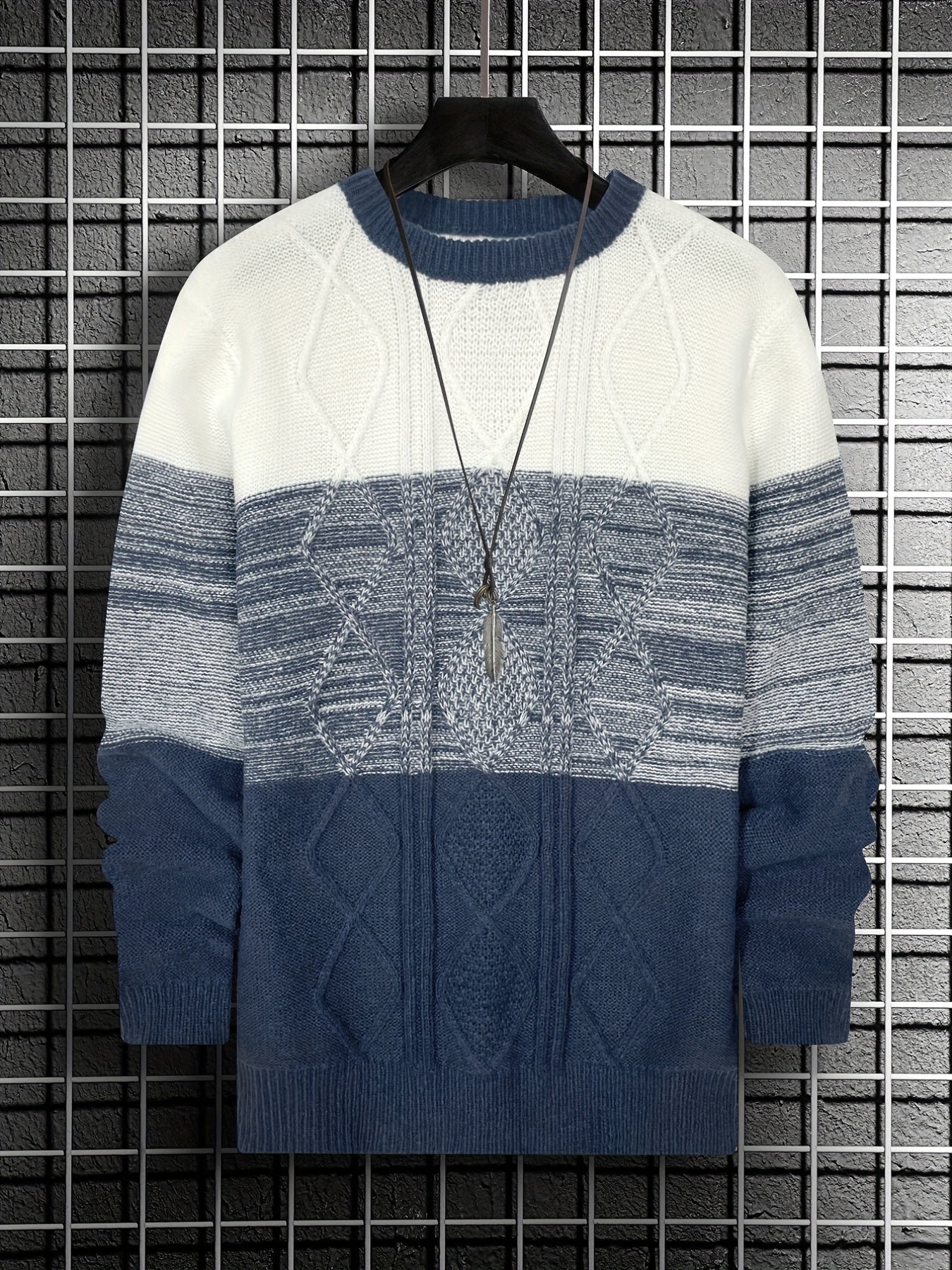 Argyle Block Sweater Men's Casual Warm Crew Neck Pullover For Fall Winter