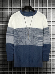 Argyle Block Sweater Men's Casual Warm Crew Neck Pullover For Fall Winter