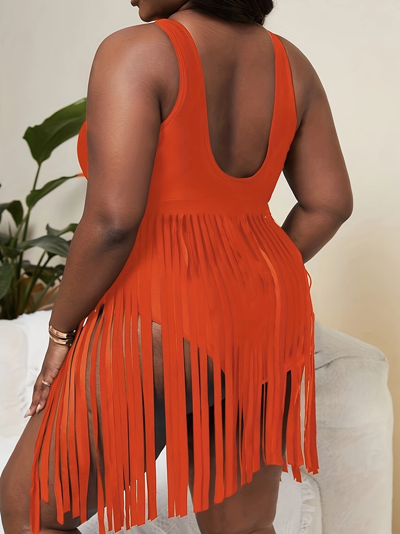 Sexy Swimsuit Women's Plus Fringe Trim Tummy Control Skirted One Piece