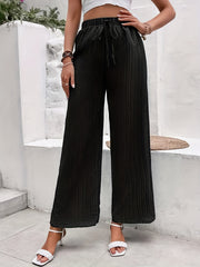 Solid Textured Wide Leg Pants Elastic Waist Tied Pants
