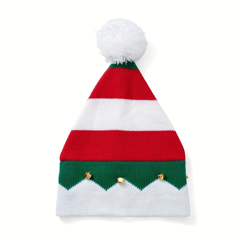 Christmas Knitted Elf Hat With Small Bells Striped Beanie Hat