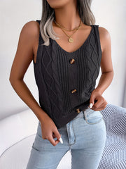 Ribbed Button Front Tank Top V Neck Sleeveless Solid Summer Tank Top