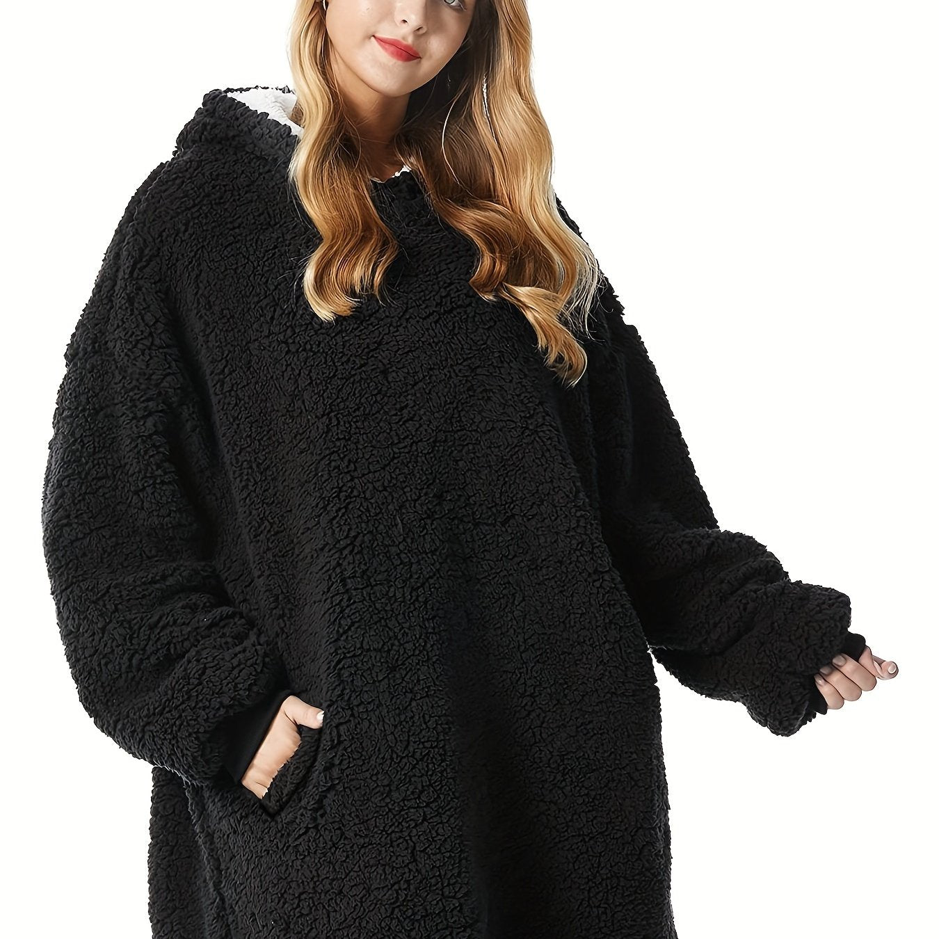 Solid Long Sleeve Hooded Robe Soft Teddy Fleece Blanket