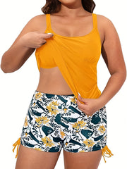 Modest Tankini Set Floral Print Lace Up Shorts Swimsuit 2 Piec